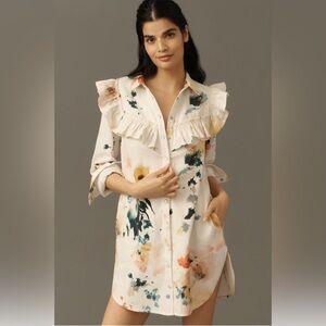NEW Pilcro Anthropologie Floral Ruffle Collared Denim Shirt Dress XXS Cotton